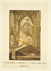 Kilátás a Center Aisle of St Mary Redcliffe-ről, keletre néz, a Hogarth-oltárképet mutatja, 1824 körül (ceruza és akvarell papíron) alkotó: John Withers