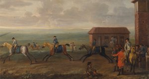 Lord Portmore versenylovakat néz a gyakorlaton a Newmarket Heath-en alkotó: John Wootton