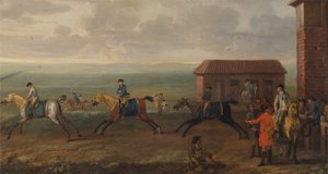 Lord Portmore a versenylovakat figyeli a Newmarket Heath-en tartott edzésen alkotó: John Wootton
