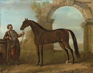A Godolphin Arabien, egy vőlegény kezében, egy romos ívű tájon, 1731