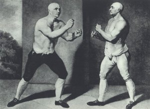A korai brit meztelen bokszolók, John Broughton (balra) és George Stevenson 1741-ben harcolnak: Broughton feltalálta a bokszkesztyűt (mezzotint)