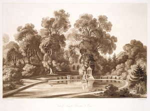 Kilátás a templom szökőkútjára és barlangjára, Sezincote, metszett Frederick Christian Lewis Snr. (1779-1856), 1817-1818 körül (szépia akvatinta) (lásd még: 171663)
