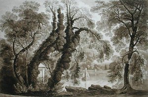 A templomkút látképe a túloldalról, Sezincote, metszette Frederick Christian Lewis Snr. (1779-1856), 1817-18 körül (szepia akvatinta) (lásd még 171661).
