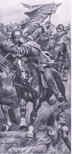 John Smith hadnagy visszafoglalja a király zászlóját Edgehillben, 1642. október 23., illusztráció a brit szárazföldi és tengeri csatákból, 1915