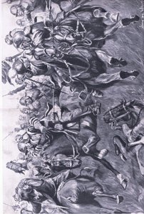 Marston Moor, 1644. július 2.: A skót lovasság Leslie vezetésével, Ruperts herceg szárnya ellen támadva, illusztráció a brit szárazföldi és tengeri csatákból, 1915