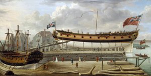 Egy hatodosztályú hajó (hatodosztályú), a brit királyi haditengerészet hadihajója, szárazdokkban, a hajógyár valószínűleg Rotherhite, a Temze déli partján (Anglia).
