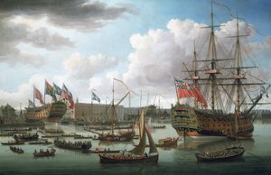 A "Royal George" Deptfordban (Anglia) a "Cambridge" vízre bocsátásakor, október 21-én.