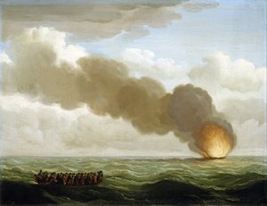 "A "Luxborough" gálya legénysége egy mentőcsónakban, amint égő hajójukat nézik, amint elsüllyed a nyílt tengeren 1727. június 25-én.