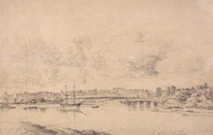 Southampton és Northam az Itchen folyótól (grafit közepes, enyhén texturált, kékes fehér szövésű papíron, közepesen fektetett, közepesen textúrájú, bézs szövésű papíron) alkotó: Jonathan Fisher