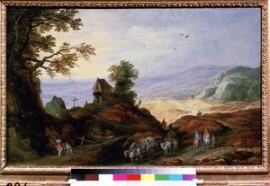 Táj kápolnával egy dombon. Ekés parasztok járnak az utakon. Joos de Momper Le Jeune (1564-1635) festménye, 1608-1610 körül. flamand művészet. Olaj, fa. Pushki Szépművészeti Múzeum
