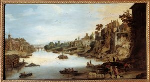 Kilátás a Tiberisre (Tevere) Rómában Bal oldalon egy ház cölöpökön. Josse Momper II festménye (1564-1635)