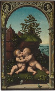 A csecsemő Krisztus és Keresztelő Szent János, mint gyerekek ölelkeznek a tájban, klasszikus boltívvel körülvéve alkotó: Joos van Cleve