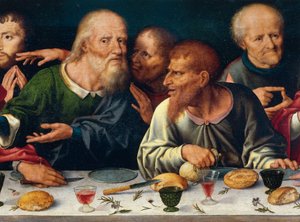 Az utolsó vacsora, Júdás és a többi apostol, Joos van Cleve (1485-1540 kb.), oltárkép a Frati Minori templomból Genovában, Olaszországban
