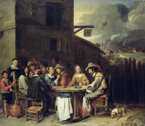 Társai kocsma előtt forgolódnak, 1640-50