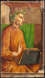 Dante Alighieri (1265-1321), költő, olasz író, az Isteni színjáték szerzőjének képmása, liripion fejdísz - Genti Juste (Joos van Wassenhove) (1435 körül - 1475 körül) és Pedro Berruguete (1450 körül) festménye 1504 előtt), egy 2-es halmaz része alkotó: Joos van Gent (fl.1460-75)