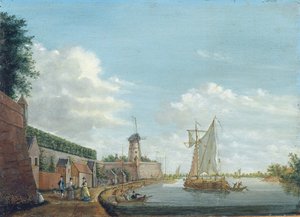 Folyói táj elegáns városi emberekkel a városfal mellett sétálva, 1776 körül