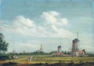 Arnhem kilátása, balról a St. Walburgiskerk, jobbról a Grote Kerk, a közelben elegáns városi sétány, 1776