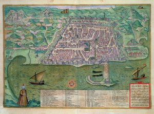 Algír térképe, Georg Braun (1541-1622) és Frans Hogenberg (1535-90) „Civitates Orbis Terrarum” című művéből, 1572 körül (színes metszet)