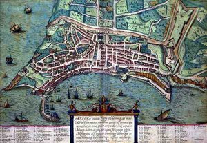 Ancona térképe, Georg Braun (1541-1622) és Frans Hogenburg (1535-90) „Civitates Orbis Terrarum” című művéből, 1572 körül (színes metszet) alkotó: Joris (after) Hoefnagel