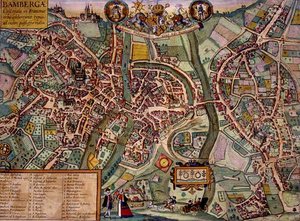 Bamberg térképe, Georg Braun (1541-1622) és Frans Hogenberg (1535-90) "Civitates Orbis Terrarum" című művéből, 1572-1617 körül (színes metszet).