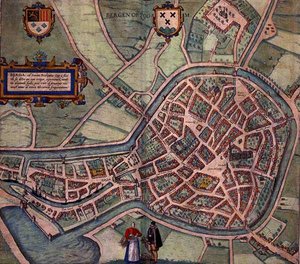 Bergen op Zoom térképe, Georg Braun (1541-1622) és Frans Hogenberg (1535-90) 1572-1617 körüli „Civitates Orbis Terrarum”-ból (színes metszet) alkotó: Joris (after) Hoefnagel