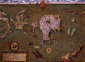 Gallipoli térképe, Georg Braun (1541-1622) és Frans Hogenberg (1535-90) „Civitates Orbis Terrarum” című művéből, 1572-1617 körül (színes metszet)
