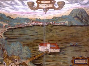 Gmunden térképe, Georg Braun (1541-1622) és Frans Hogenberg (1535-90) "Civitates Orbis Terrarum" című művéből 1594 (színes metszet).