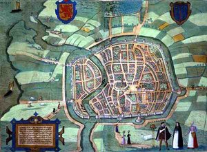 Haarlem térképe, Georg Braun (1541-1622) és Frans Hogenburg (1535-90) „Civitates Orbis Terrarum” című művéből, 1572 körül (színes metszet)