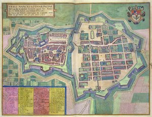 Nancy térképe, Georg Braun (1541-1622) és Frans Hogenberg (1535-90) „Civitates Orbis Terrarum” című művéből, 1572-1617 körül (színes metszet)