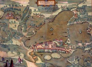 Plon térképe, Georg Braun (1541-1622) és Frans Hogenberg (1535-90) „Civitates Orbis Terrarum” című művéből, 1593 (színes metszet)