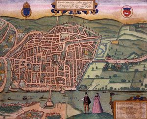 Rouen térképe, Georg Braun (1541-1622) és Frans Hogenberg (1535-90) "Civitates Orbis Terrarum" című művéből, 1572-1617 körül (színes metszet).