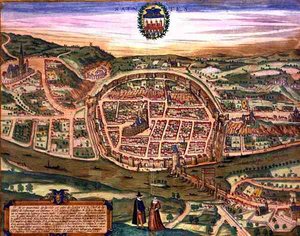 Saintes térképe, Georg Braun (1541-1622) és Frans Hogenberg (1535-90) „Civitates Orbis Terrarum”-ból alkotó: Joris (after) Hoefnagel