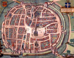 Solvaer térképe, Georg Braun (1541-1622) és Frans Hogenberg (1535-90) "Civitates Orbis Terrarum" című művéből, 1572-1617 körül (színes metszet).