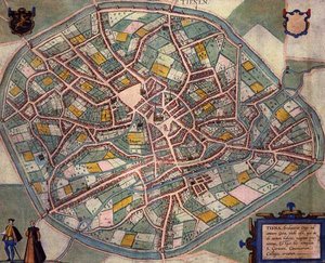 Tienen térképe, Georg Braun (1541-1622) és Frans Hogenberg (1535-90) "Civitates Orbis Terrarum" című művéből, 1572-1617 körül (színes metszet). alkotó: Joris (after) Hoefnagel