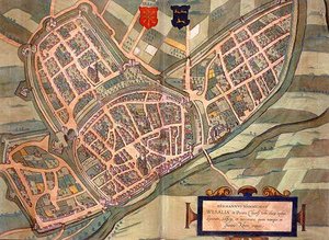 Wesel térképe, Georg Braun (1541-1622) és Frans Hogenberg (1535-90) „Civitates Orbis Terrarum” című művéből, 1572-1617 körül (színes metszet)