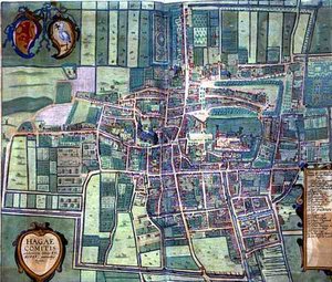 Hága térképe, Georg Braun (1541-1622) és Frans Hogenburg (1535-90) „Civitates Orbis Terrarum” című művéből, 1572 körül (színes metszet) alkotó: Joris (after) Hoefnagel