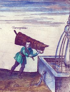 Egy tanonc vizet hoz a szökőkútból, 1598, kézzel színezett rézmetszet, 324184 részlet, 1598 alkotó: Joris Hoefnagel