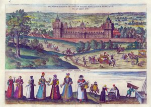 I. Erzsébet királynő érkezése a Nonsuch palotába és férfiak és nők a Tudor társadalomból, 1598 (kézzel színezett rézmetszet) alkotó: Joris Hoefnagel
