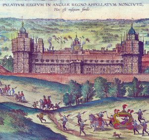 I. Erzsébet királynő érkezése a Nonsuch palotába, 1598 kézzel színezett rézmetszet, 324184 részlete alkotó: Joris Hoefnagel