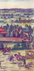 Udvaroncok és vadászkutyák kísérik I. Erzsébet királynő érkezését a Nonsuch palotába, 1598 kézzel színezett rézmetszet, 324184 részlete alkotó: Joris Hoefnagel