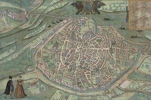 Avignon térképe, Georg Braun (1541-1622) és Frans Hogenberg "Civitates Orbis Terrarum" című művéből, 1572 körül (színes metszet).