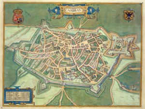 Cambrai térképe, Georg Braun (1541-1622) és Frans Hogenberg (1535-90) „Civitates Orbis Terrarum”-ból, 1572 körül (színes metszet)