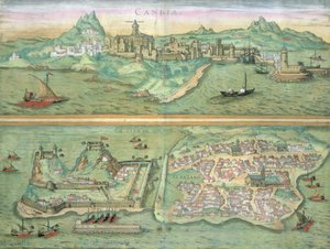 Candia és Korfu térképe Georg Braun (1541-1622) és Frans Hogenberg (1535-90) „Civitates Orbis Terrarum” című művéből, 1572 körül