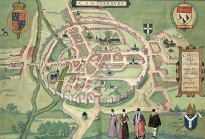 Canterbury térképe, Georg Braun (1541-1622) és Frans Hognenberg (1535-90) "Civitates Orbis Terrarum" című művéből, 1572-1617 körül.