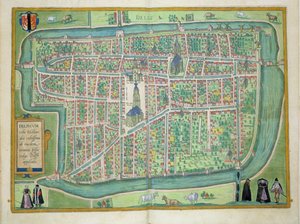 Delft térképe, Georg Braun (1541-1622) és Frans Hogenberg (1535-90) "Civitates Orbis Terrarum" című művéből, 1572-1617 körül.
