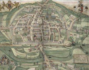 Exeter térképe, Georg Braun (1541-1622) és Frans Hogenberg (1535-90) „Civitates Orbis Terrarum”-ból, 1572-1617 körül