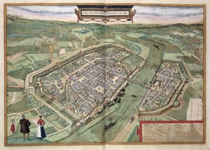 Frankfurt térképe, Georg Braun (1541-1622) és Frans Hogenberg (1535-90) „Civitates Orbis Terrarum” című művéből, 1572 körül (színes metszet)