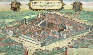 Lipcse térképe, Georg Braun (1541-1622) és Frans Hogenberg (1535-90) „Civitates Orbis Terrarum” című művéből, 1572 körül (színes metszet)