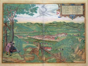 Linz térképe, Georg Braun (1541-1622) és Frans Hogenberg (1535-90) „Civitates Orbis Terrarum” című művéből, 1594