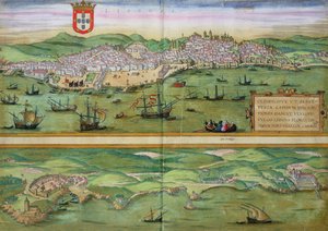 Lisszabon és Cascais térképe Georg Braun (1541-1622) és Frans Hogenberg (1535-90) "Civitates Orbis Terrarum" című művéből, 1572 körül.